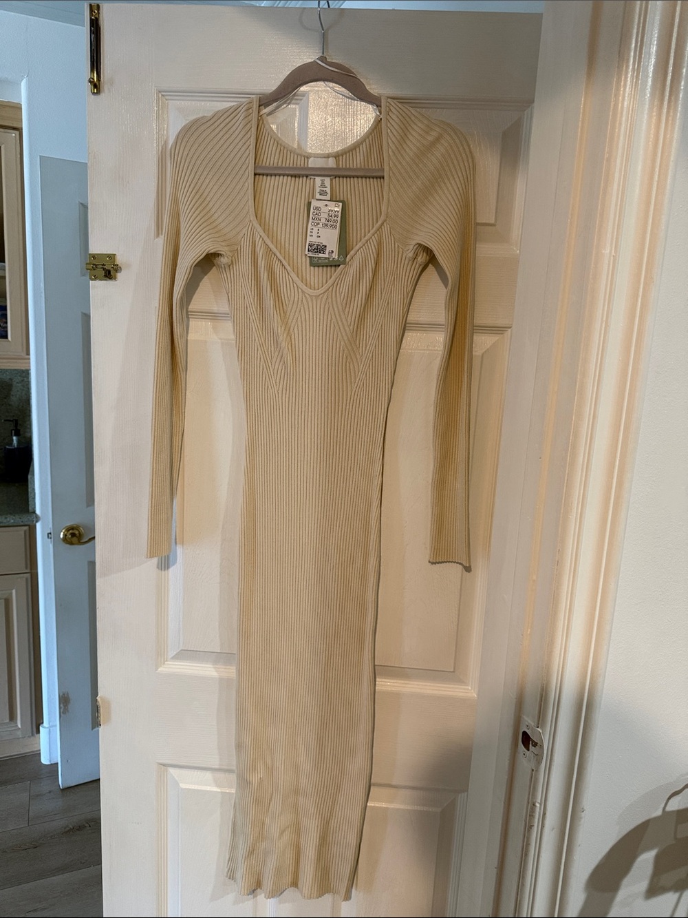 H&M Cream Ribbed Long-Sleeve Scoop-Neck Midi Dress